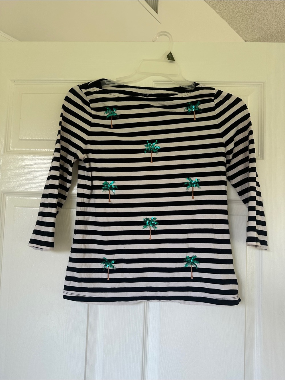 Striped Black & White Palm Embroidered Boatneck Top